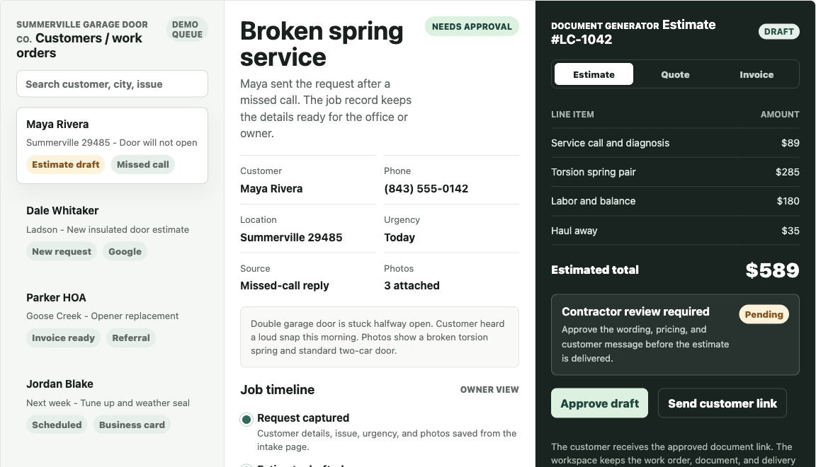 LeadCatch Local preview with customer details captured from a missed call